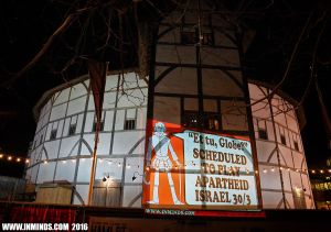 One of a series of slogans projected on the Globe theatre by activists at a protest organised by inminds.com on Friday April 25. 